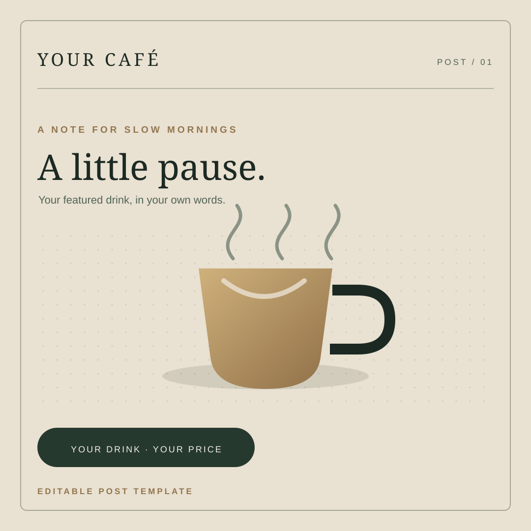 Square café post layout with a cup illustration and editable drink details.