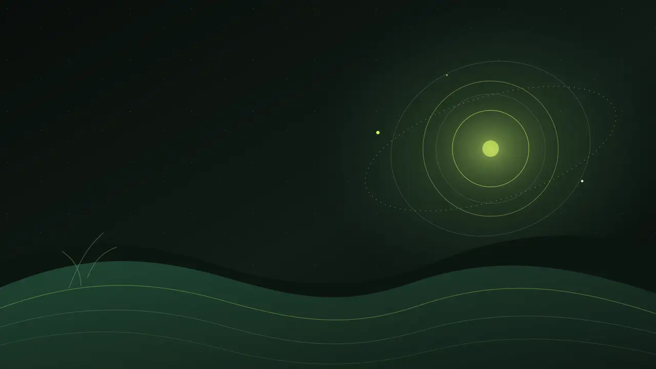Night Garden desktop wallpaper with a quiet green horizon and a luminous ringed bloom.